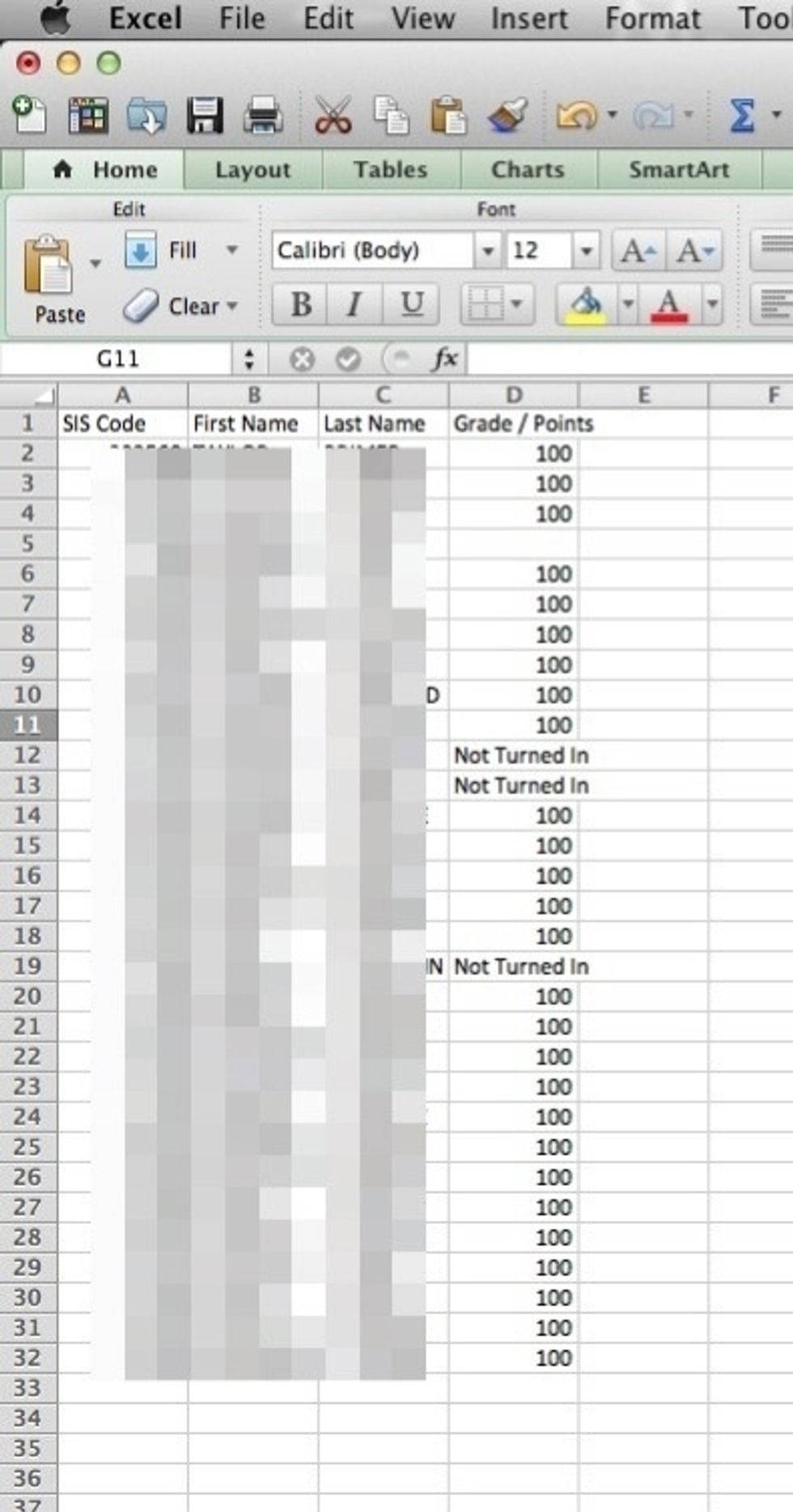 You'll be left with just 4 columns. Student id #, last name, first name, and grade.