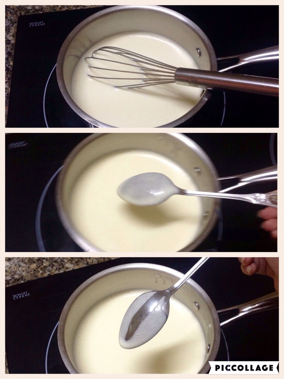 You'll boil it in low heat while continue whisking it until it thickens, turn off the stove. It will look kinda thick and to make sure, please continue reading the next note >