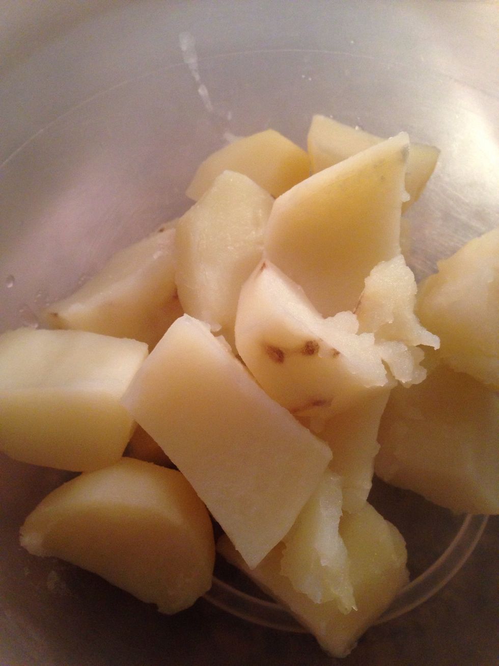 You'll know they're done when you stick a knife through the middle and the potato breaks in half. Strain the water and move to a bowl!