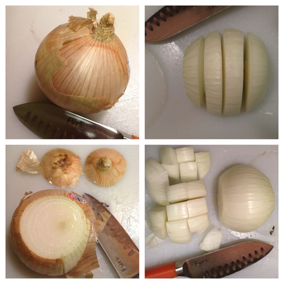 You'll need 1 large yellow onion - cut off ends & peel skin - cut in half - cut each half into 3 or 4 strips lengthwise - then into squares - all flavor additives should be no larger than a bean.