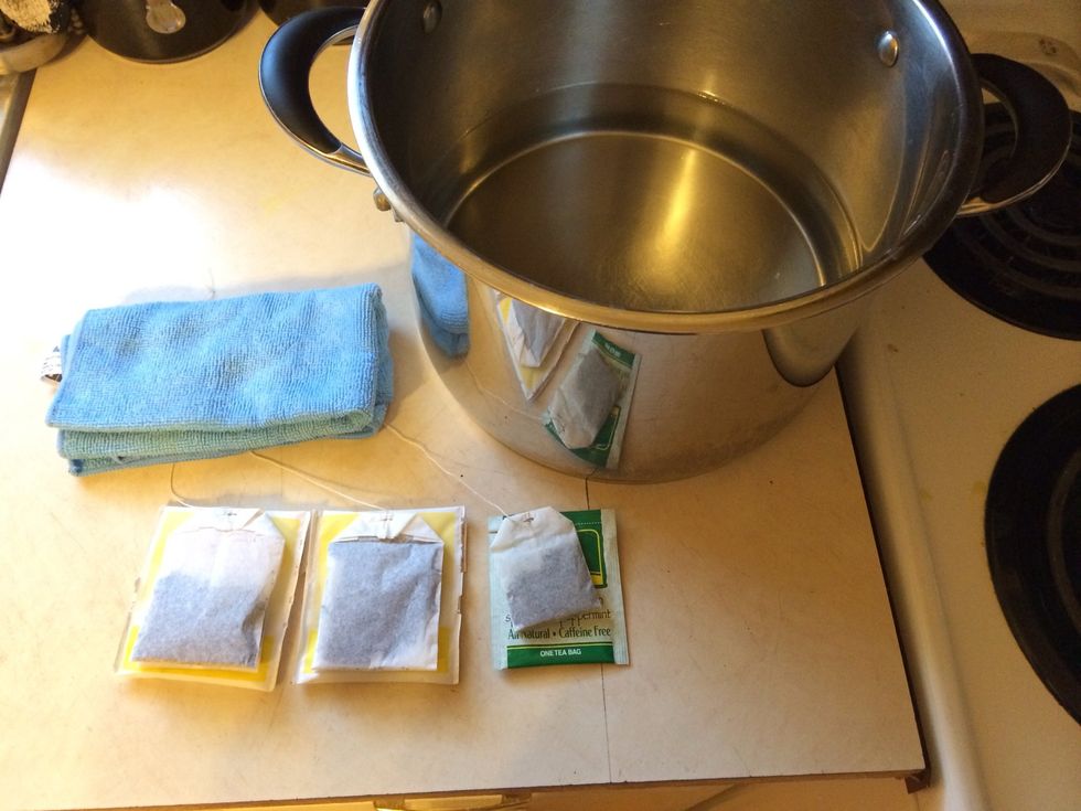 You'll need anywhere from 5-10 tea bags (2-3 family size), 1/2 gallon of water (distilled or filtered is best), and a wash cloth (I use a microfiber). I also add a herbal mint tea for smell.
