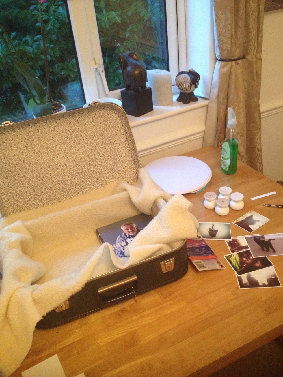 You'll need to find enough fabric to line the bottom section of the suitcase and cut it to shape so you have enough to fill the bottom and sides.