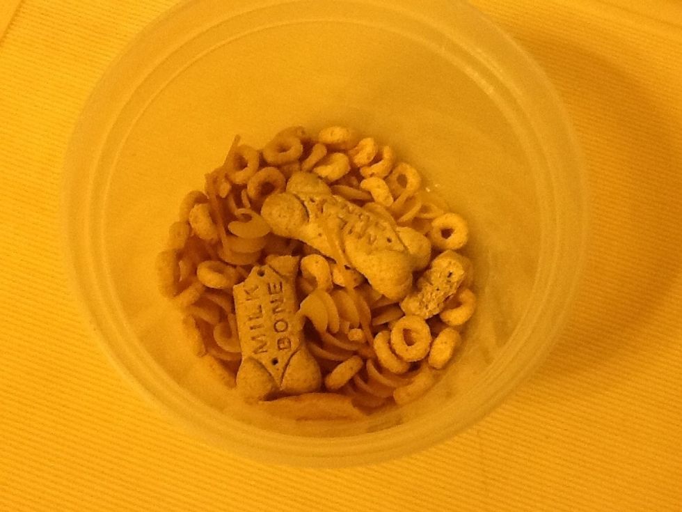 You'll need treats. Crushed dog treats (like milkbones), Cheerios, or other plain cereals work great.