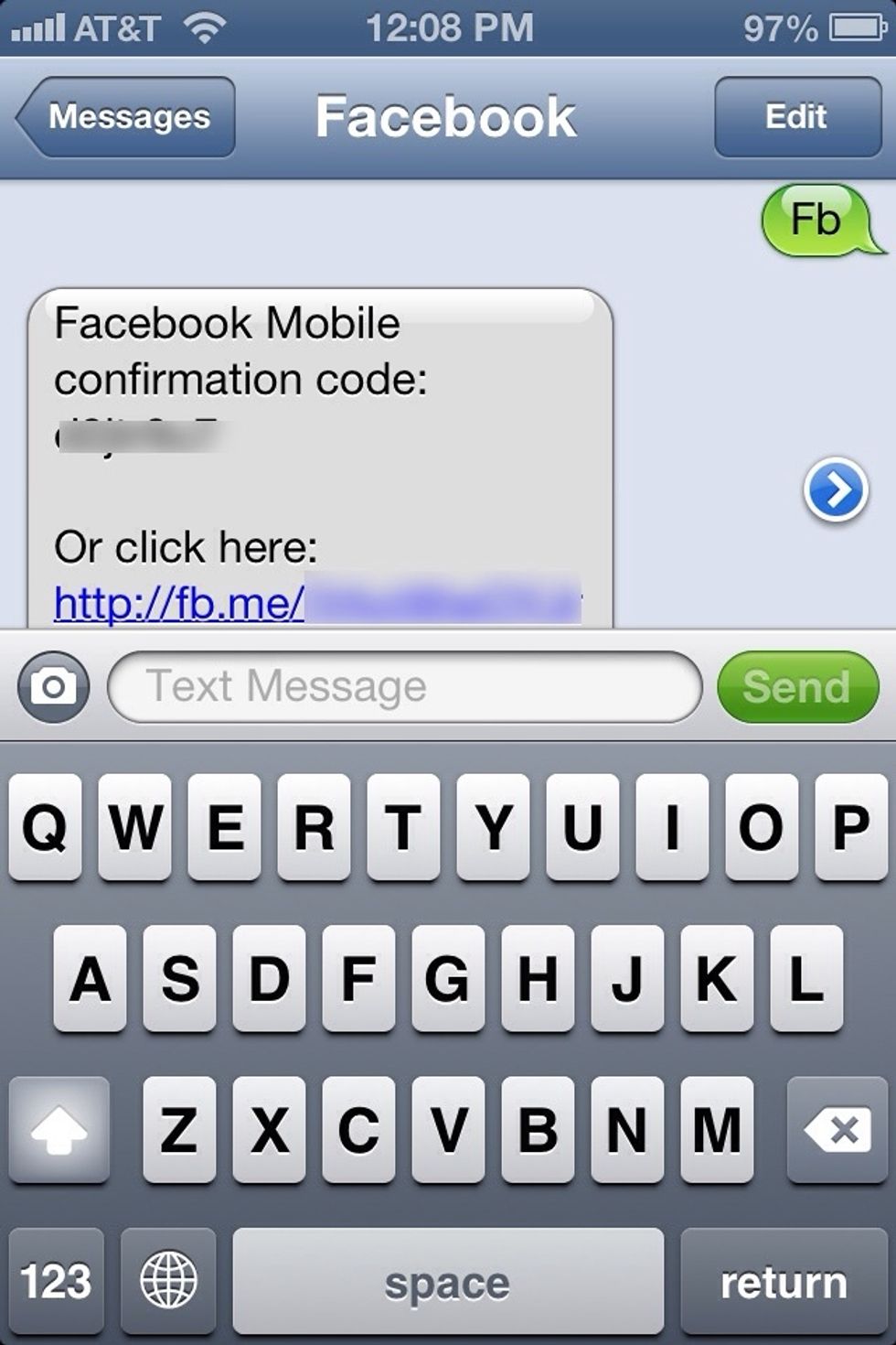 You'll receive a text reply with a link. Open the link. It'll open in your safari browser (you should be signed into Facebook in safari).