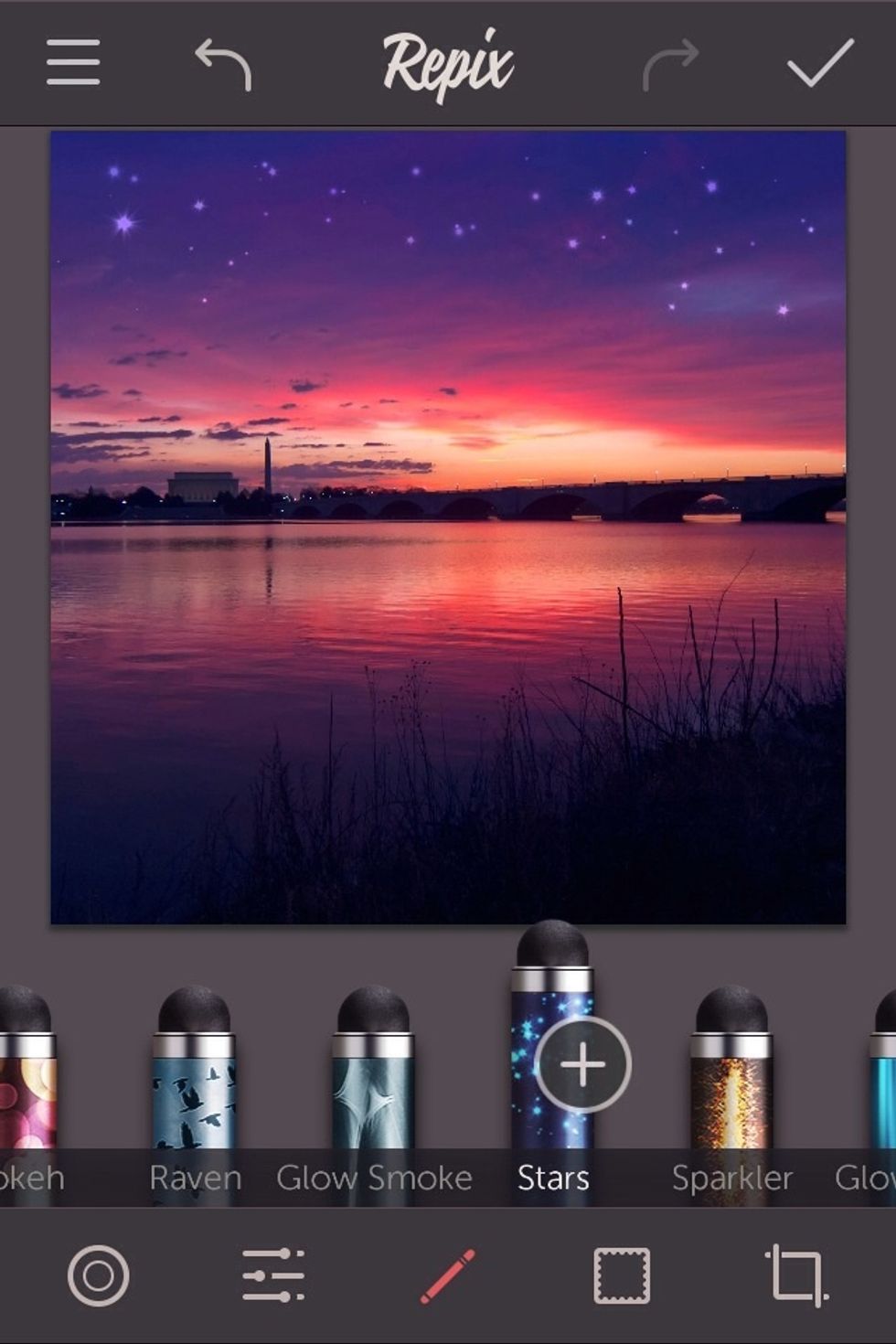 You'll see several styluses at the bottom. For this sunset photo I added some stars.