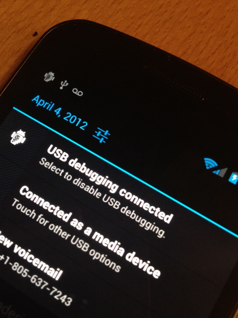 You'll see the USB Debugging connected prompt in the Notification area.