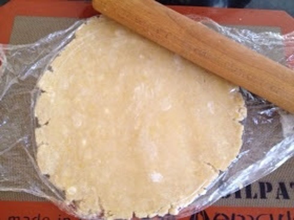 You may leave the plastic ontop of the dough while rolling out to prevent adding excess flour. You should still see chunks of butter, this will mean the crust will be nice and flakey.