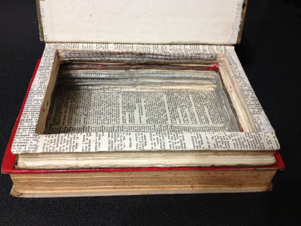 You may use fabric to line the inside of the empty books, adding a nice touch. I like the choppy-paper look so I chose not to glue any fabric inside.