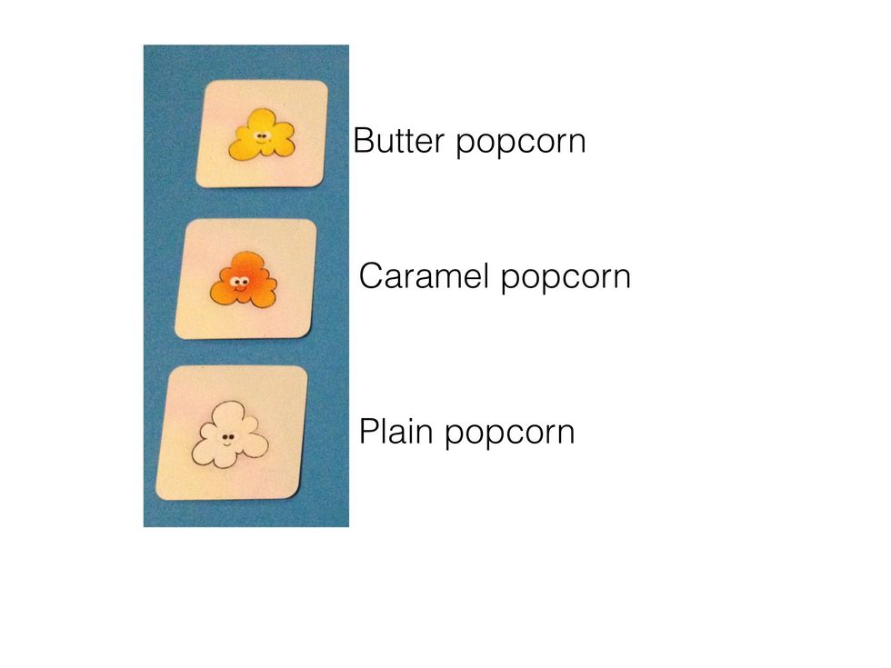 You may want to create a visual cue such as this to help with labeling the types of popcorn. For learners who struggle to learn new words, we'll start with labeling them by color.