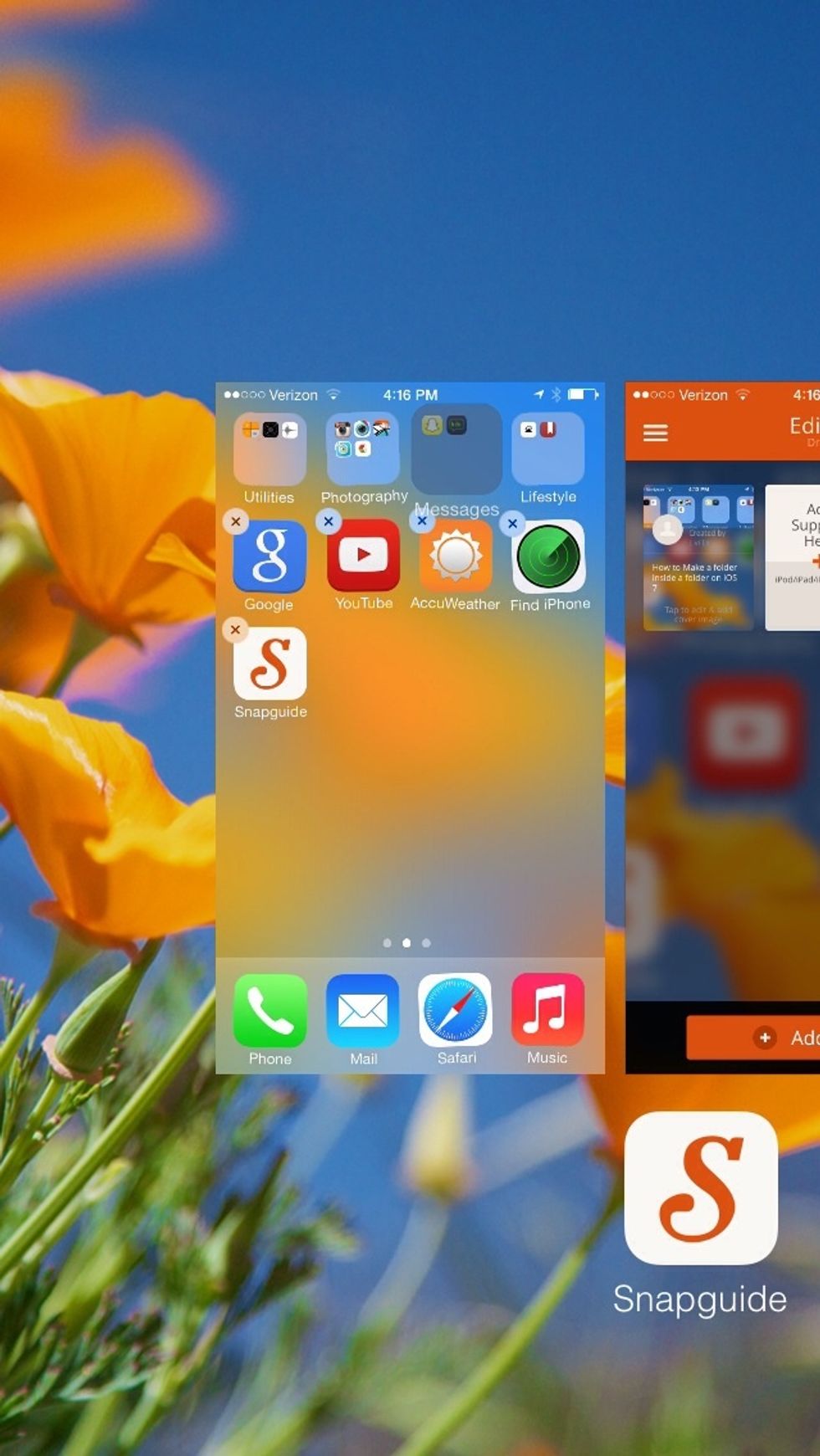 You must do this quickly. What to do is double click the home button and tap on a folder and hold it until it goes into the screen showing you your opened apps. The folder you tapped should be gray.