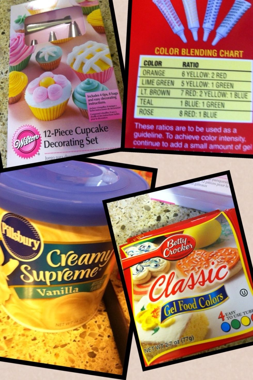 You need a decorating set. A gel food colors, and creamy vanilla frosting. Use vanilla because it's easier to add colors to your cupcake.