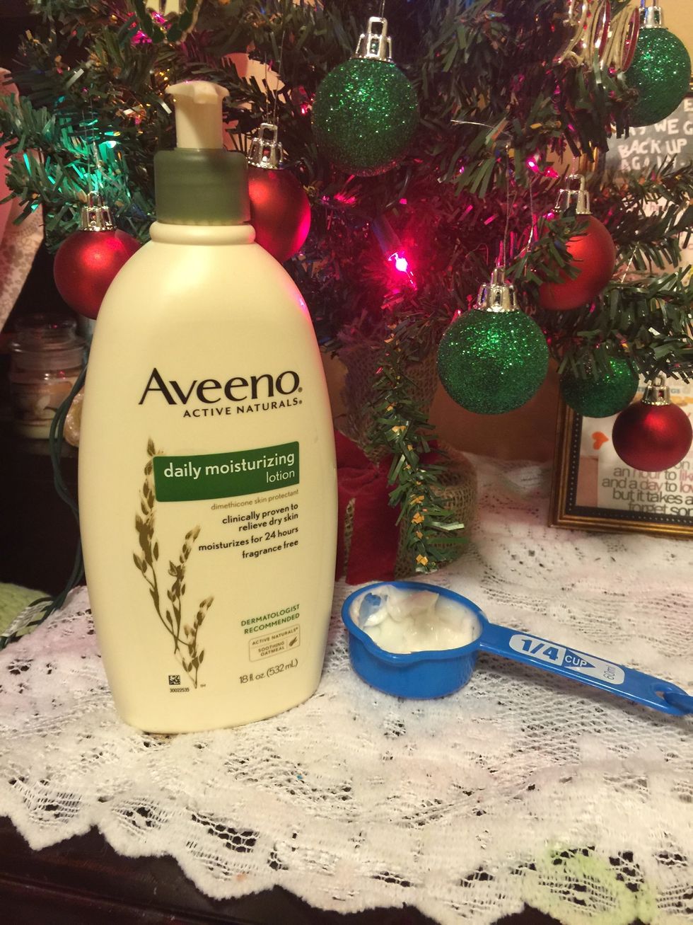 You need any Un-scented lotion. Here I'm just using Aveeno. I'm also using a a little less than 1/4 of a cup.