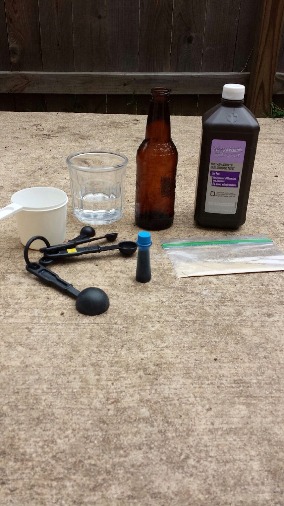 You need food coloring, a cup, a bottle, hydrogen peroxide, yeast, and a measuring cup (1cup)