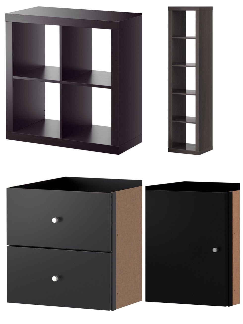 You need from IKEA: Expedit 2x2 & 1x5 shelves and Expedit drawers & doors.