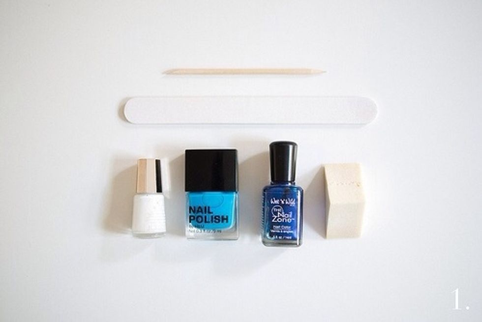 You need. Nail polish in 3 colors. Make up sponge (which you will soak in water before you start. It should be just moist). A nail file and something to press down your cuticles with.