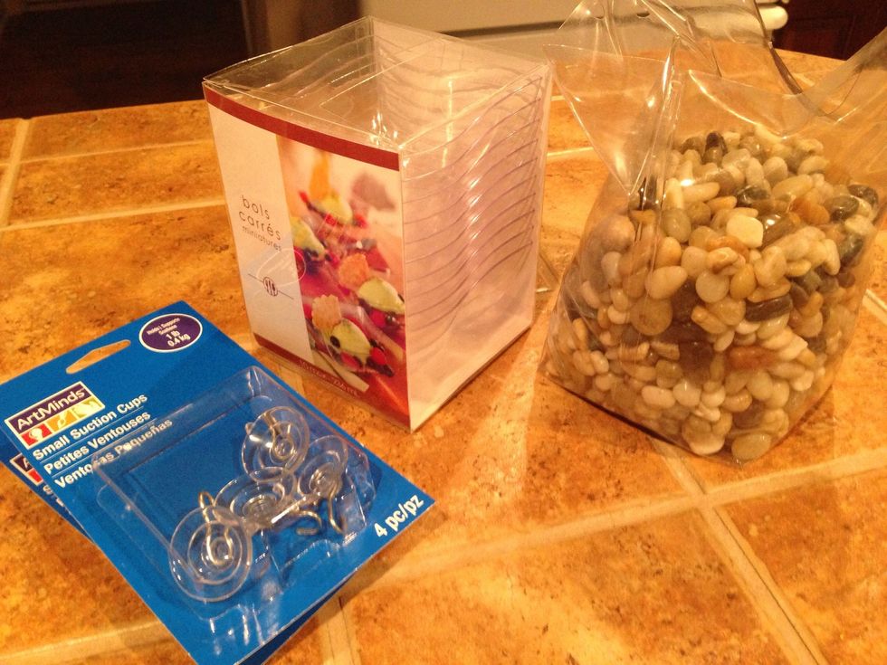 You need these basics:  Clear plastic cups or bowls (from a party supply store).  Suction cup hooks (from a craft or hardware store).  And filler like stones, loose tree bark, shells, sand, or sticks.