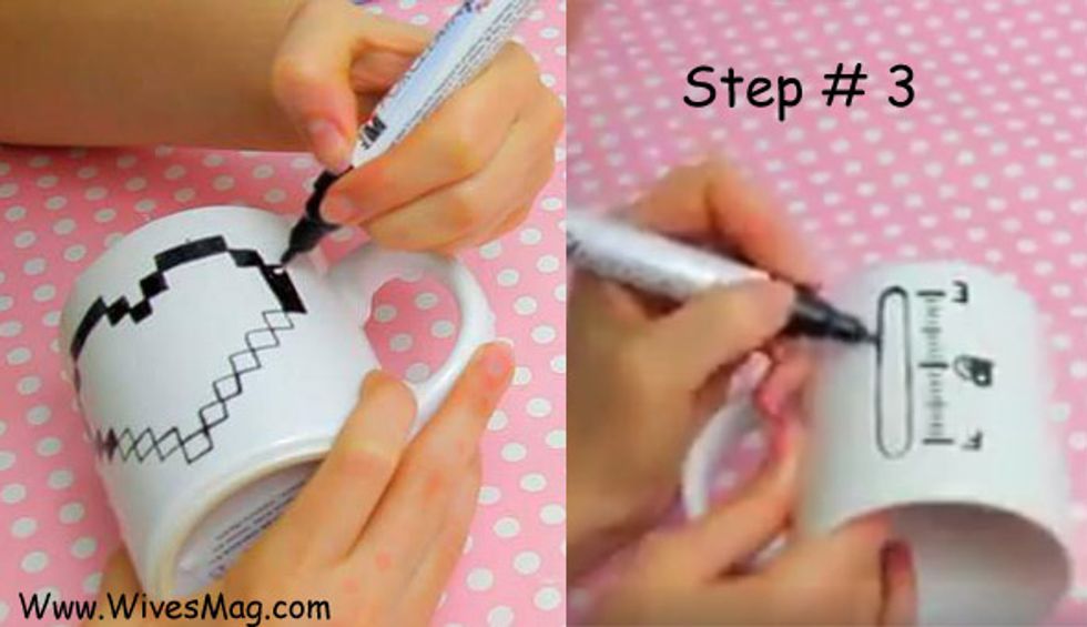 You need to buy a porcelain marker. If you don\u2019t have a nearby stationary store, can buy it online. Outline the heart shape using porcelain marker.