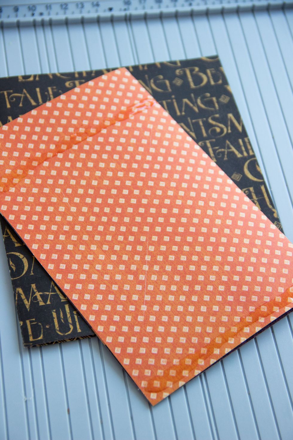 You need to do a next card (size:12/18 centimeters) from Graphic 45 An Eerie Tale Wicked Whimsey paper. Glue it to the first card, make only two strips of glue - at the bottom and on top.