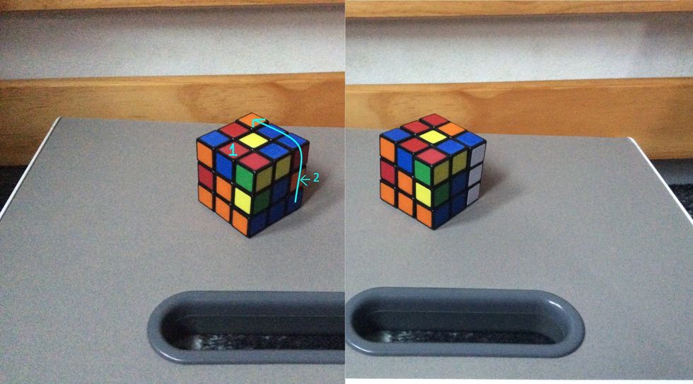 You need to put your piece that is the same color at #1, so you can get it to #2. Then turn the side up.
