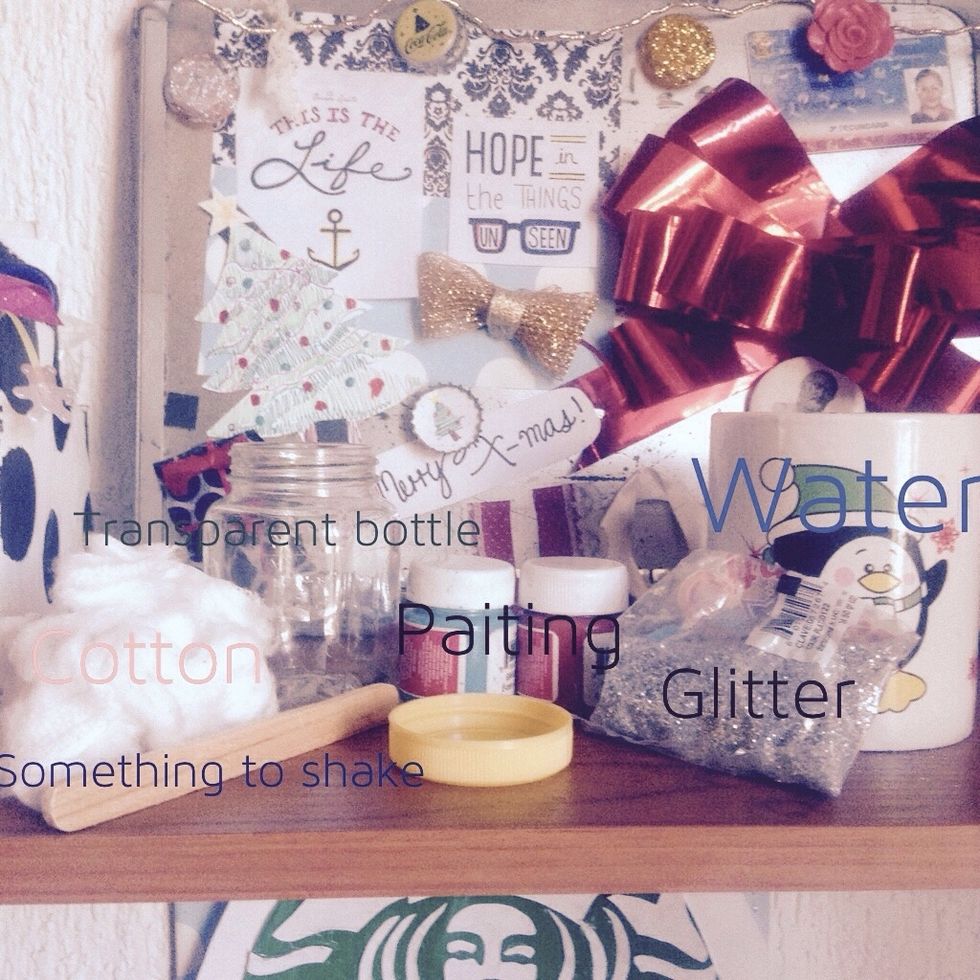 You need: Water, cotton, a transparent bottle, something to shake, paiting (i used painting color red & blue but you can use other colors) and finally Glitter . \u2728\u2764\ufe0f