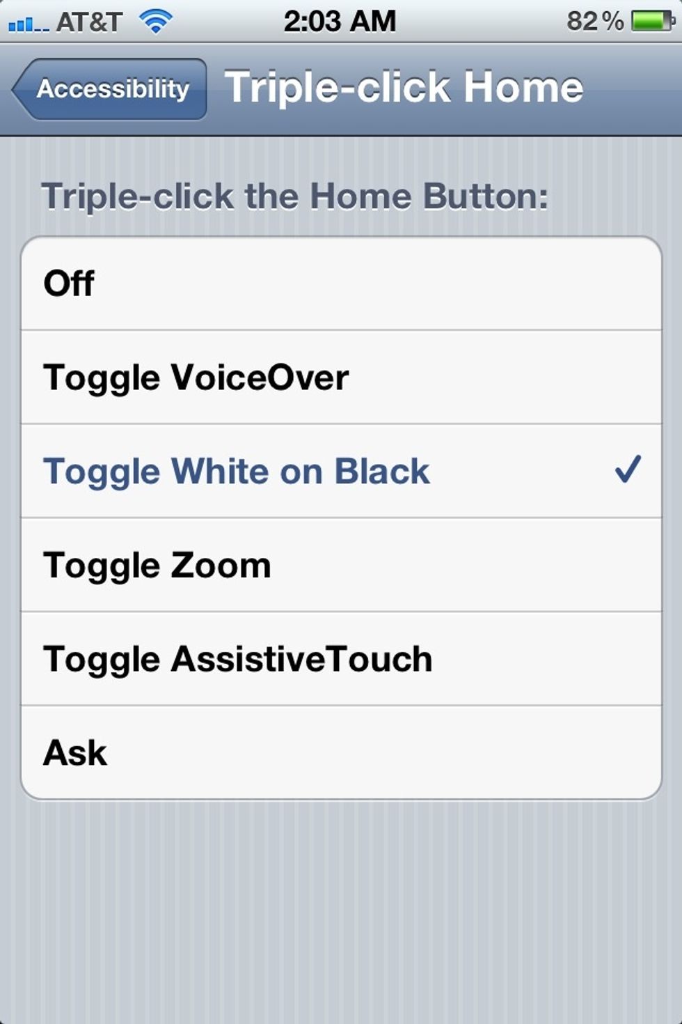 You now have a list of options to triple click. I have it set to white on black (the negative filter for your iPhone, cannot screen shot this)