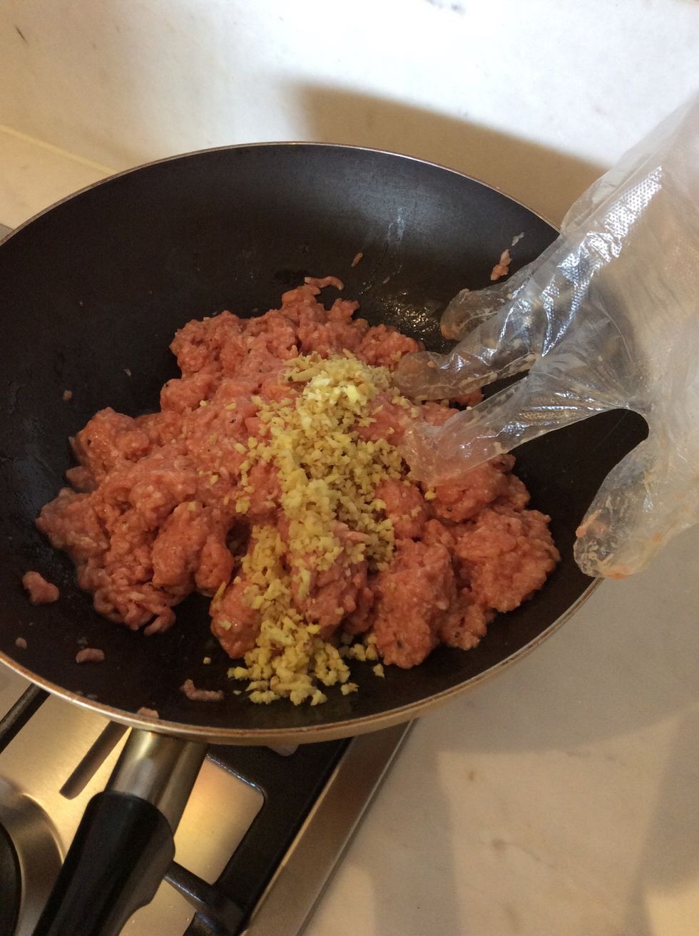 You put the ginger with the meat and mix them together