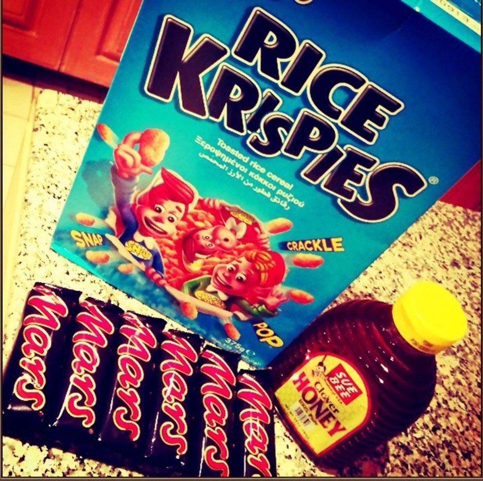 You're going to be making some Rice Krispies treats from Mars Bars, Honey, & Rice Krispies. So try to get everything on the supplies list! This is a quick fix for everybody out there with a microwave.