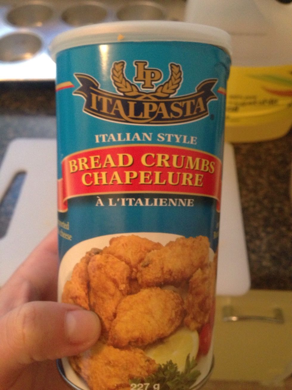 You're going to coat each piece with breadcrumbs to give the bites that nice crunchy coating. Only put enough breadcrumbs in a bowl for about 6 pieces at a time (in other words 1/3 a cup).