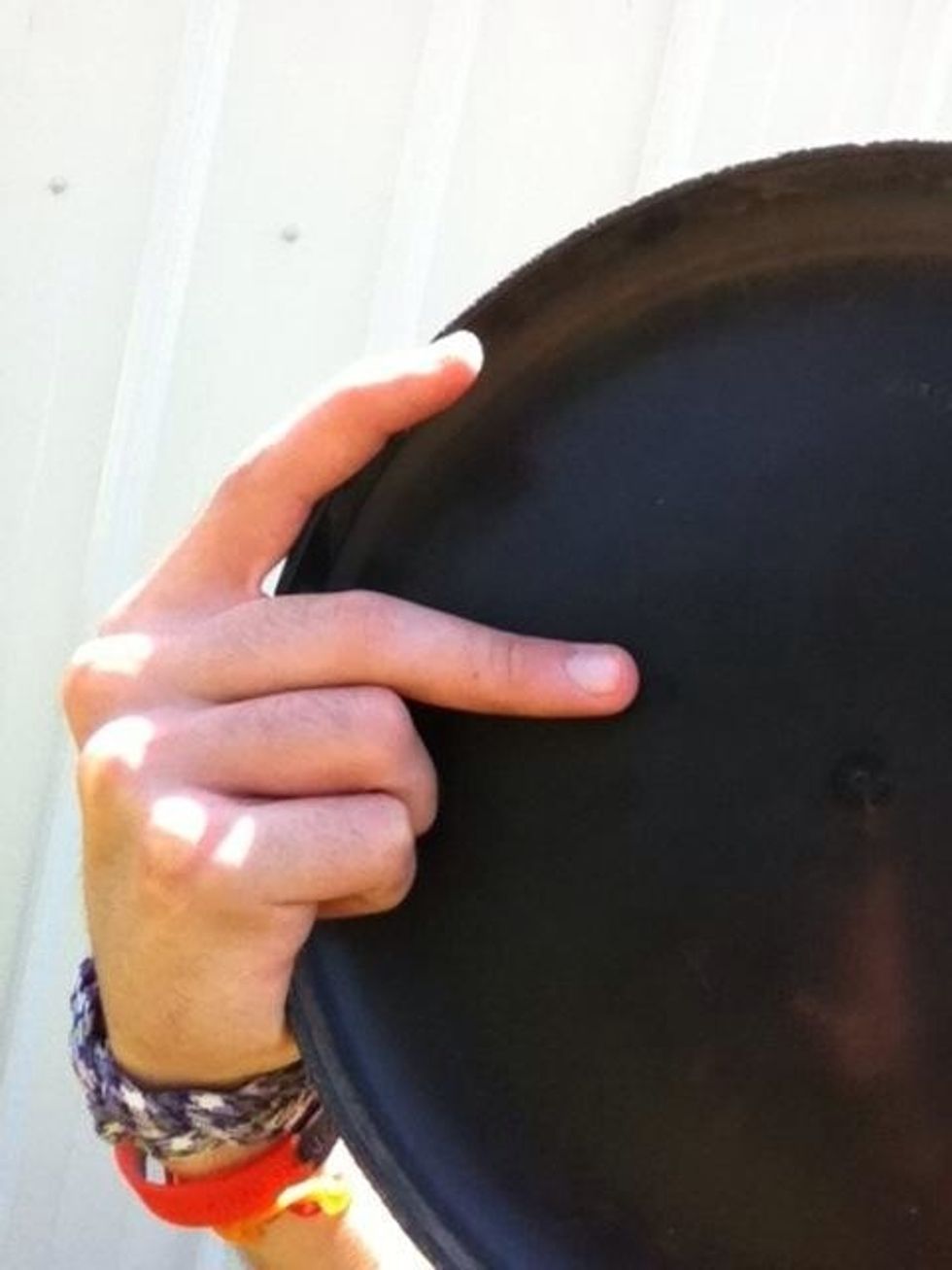 You're going to hold it just like a backhand. Curl your fingers up. Move your index along the rim. Then your middle pointed towards the middle if the disc.