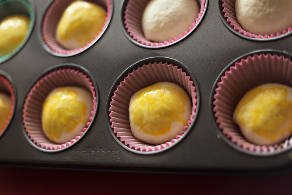 You see the yolk hasn't run. Without going into a scientific explanation (coz I'm not that clever), I'm guessing this what allows the magic to happen. Bake for 15 minutes on 180 C / 350 F and...