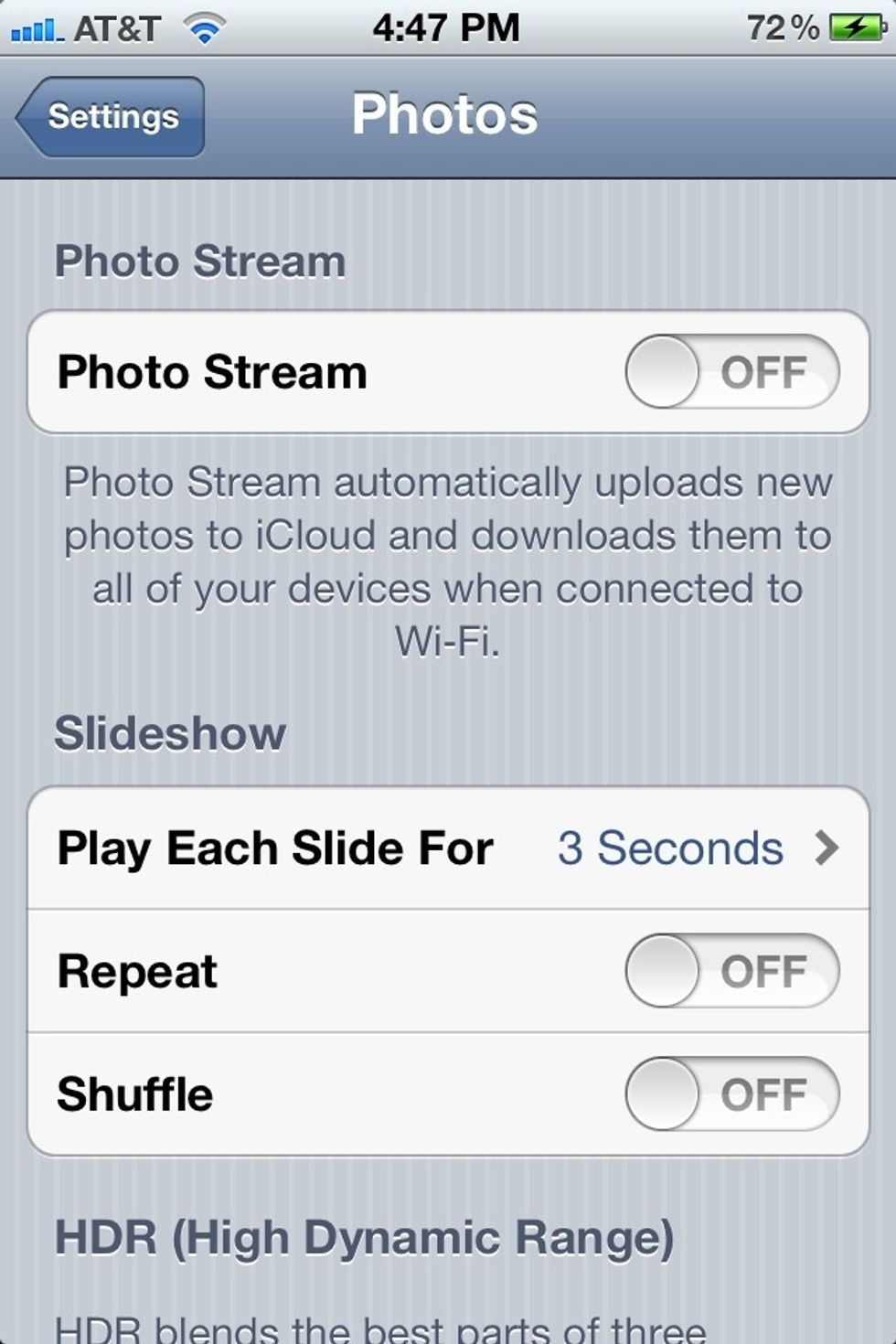 You should also look in Your iPhone setting/photos for more camera roll options. Including backing up your photos in iCloud and setting the duration of your slides how.