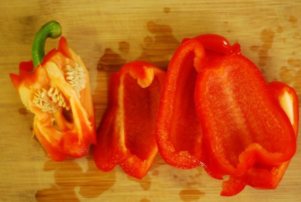 You should be able to cut throught the whole pepper with only 4 cuts.