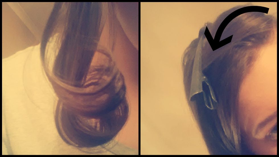 You should have something looking like this - don't worry if every curl looks a little different. Now take the section and flip it over to the other side of your head and clip with a crocodile clip.