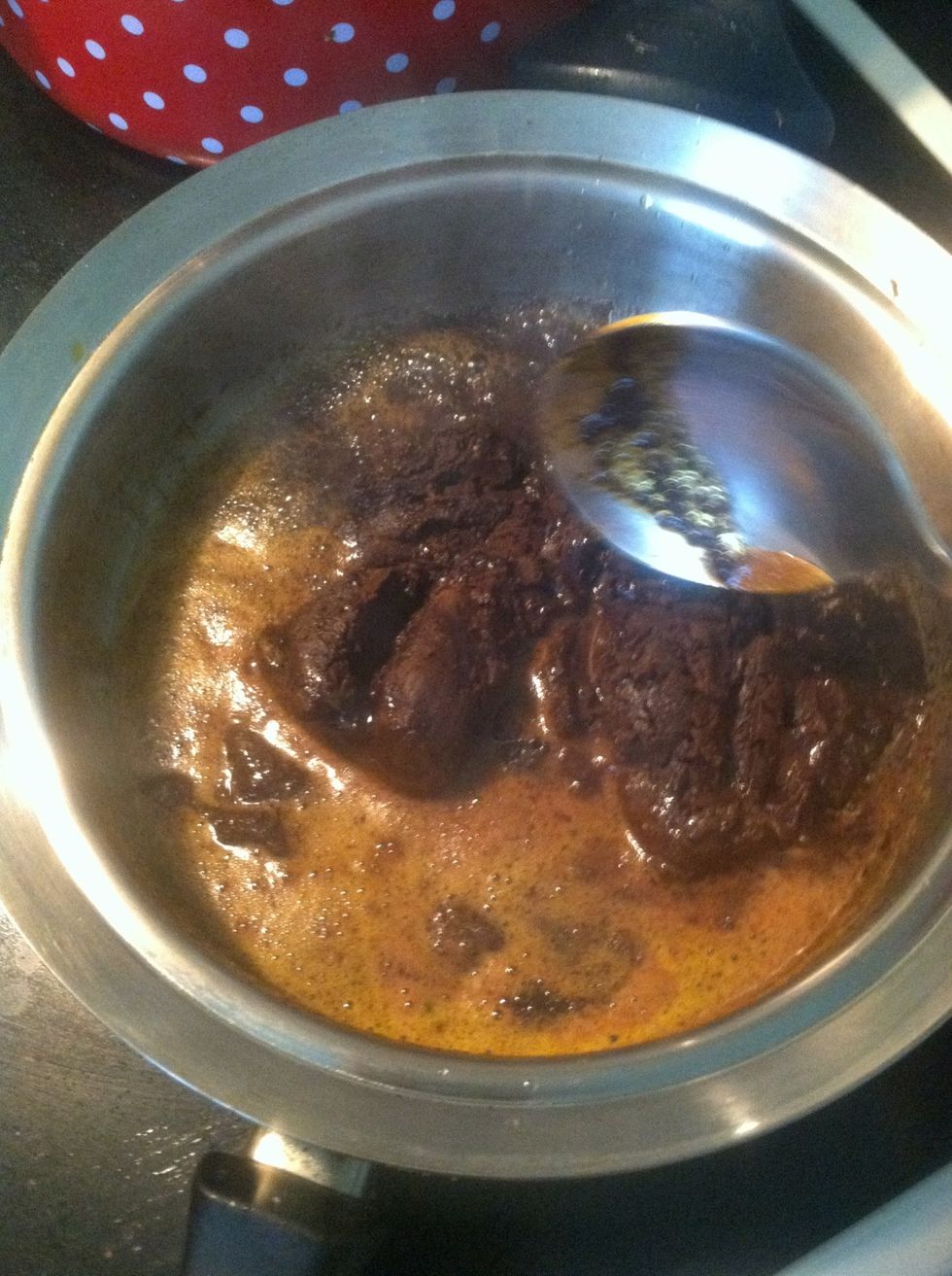 You want them both to dissolve. Continue to stir until it looks like this. (Optional peanut butter would be added at this time)