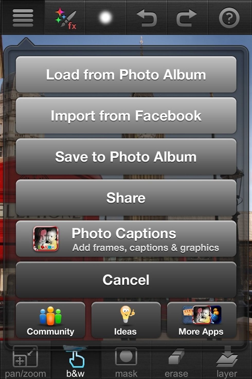 You want to click the top left tab with three lines and then hit load photo from album.