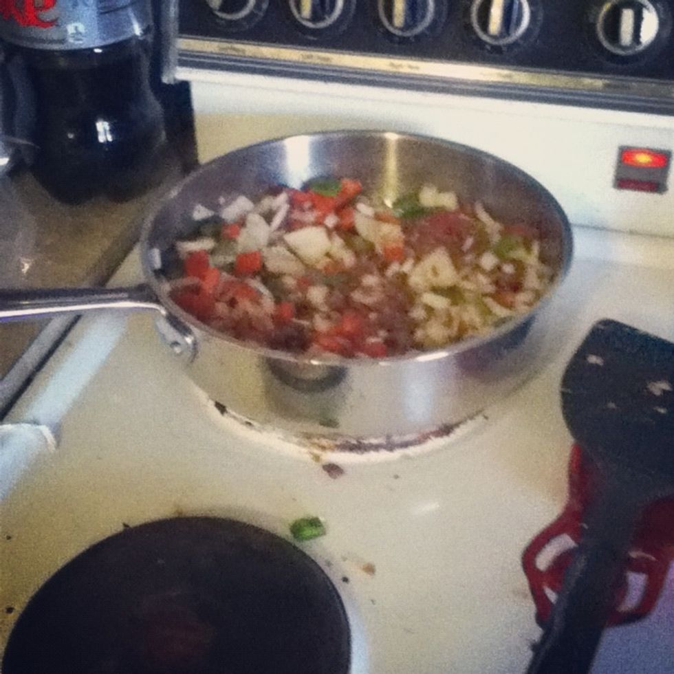 You want to cook the meat medium well done and then throw your veggies in cook them till the sweat ( Which is when they get really shiny )