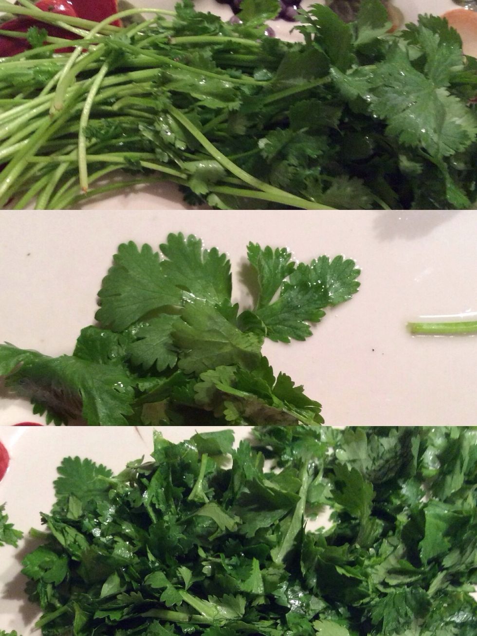 You wash off the cilantro, then pull it off the stem and slice it up into very small pieces. Now put it in the bowl.