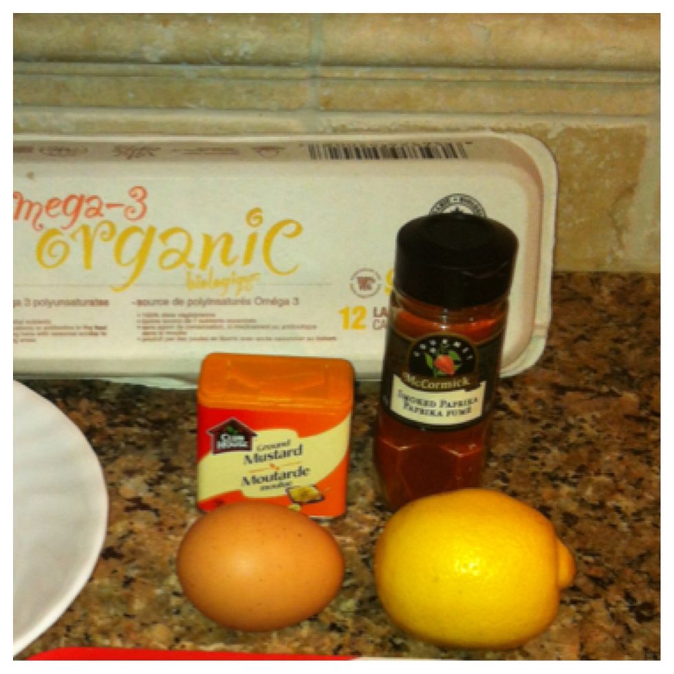 You will also need 2 eggs, 1/2 lemon juice, a tsp of red paprika and tsp of dry mustard (or Dijon). I usually mix in the salt with the dry ingredients so I don't add it to the wet mixture.