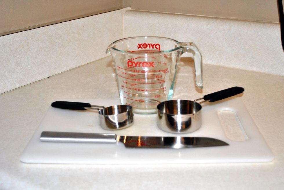 You will also need a cutting board and knife, a liquid measuring cup, a 1/2 and 1/4 dry measuring cup, a blender and a freezer-safe storage bag or plastic container.