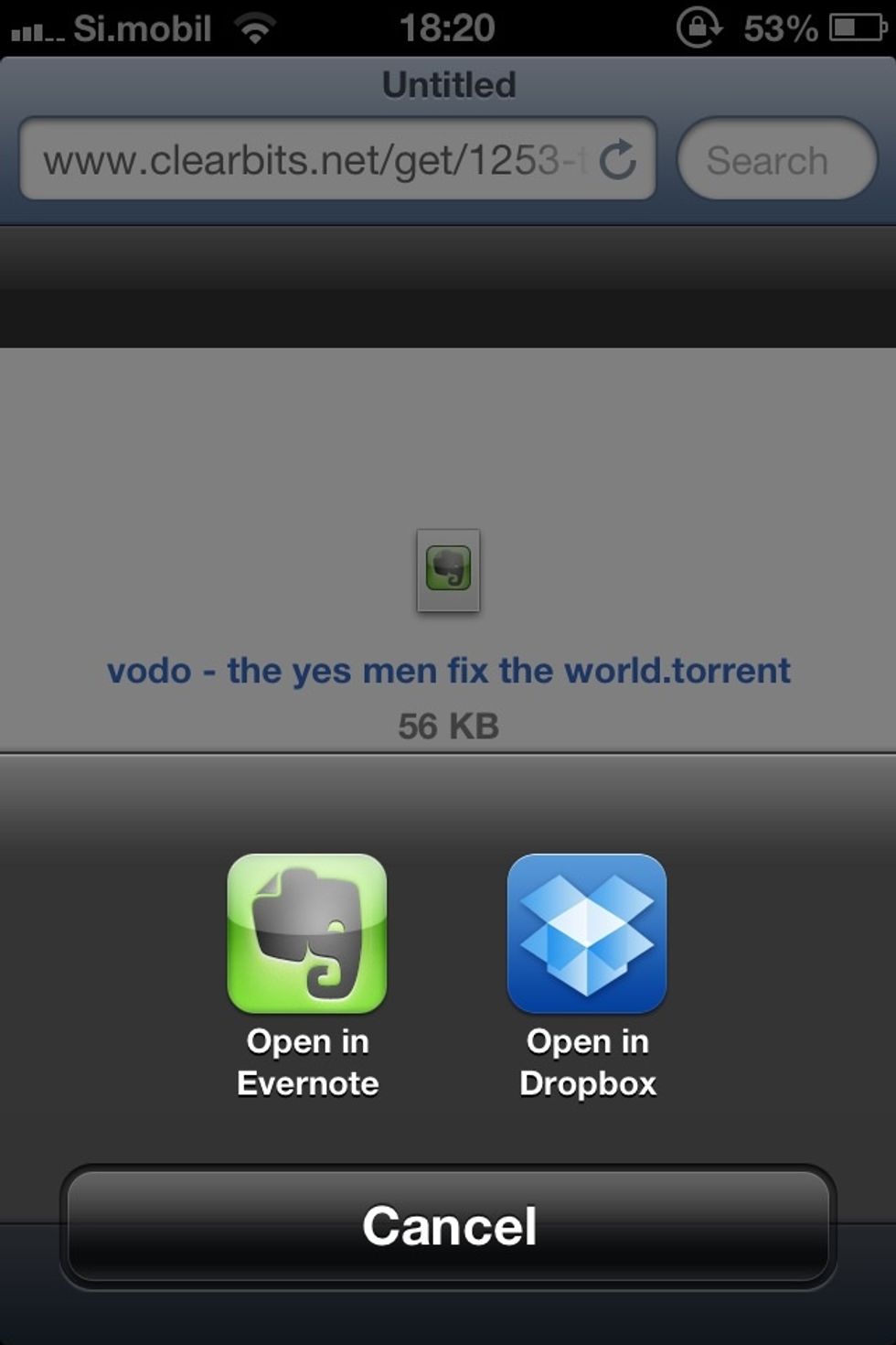 You will be asked what you want to do with the file. Click on "Open in..." and choose "Open in Dropbox".