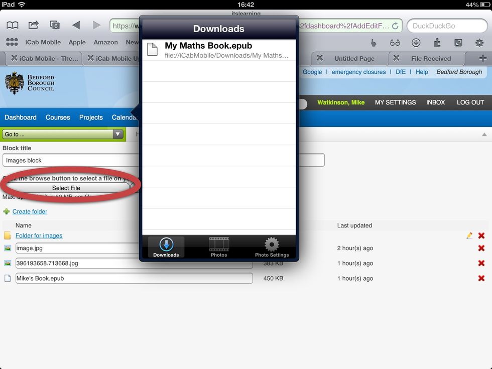 You will be taken to iCab Mobile - browse to the website you want to use, and tap the 'Select File' button or its equivalent - iCab will list the files stored locally - select the file