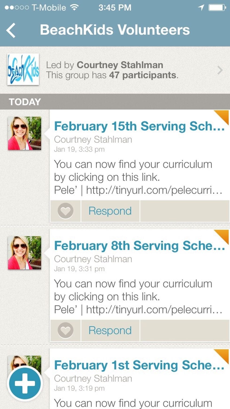 You will be taken to the feed for the "BeachKids Volunteer" group. Scroll through looking for the ORANGE triangles. These are called NEEDS. Notice the date and select one.