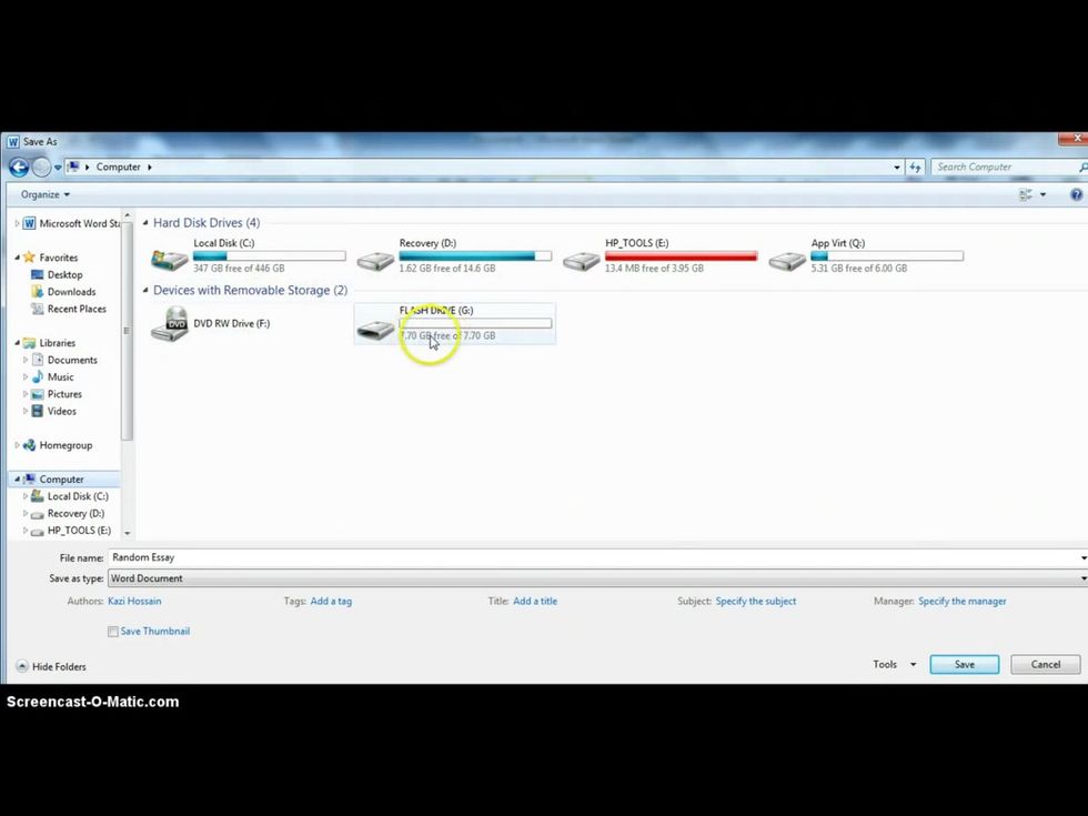 You will drag the mouse over to files and click on it. You will also click on Flash Drive. You will now drag the file that you want into the Flash Drive.