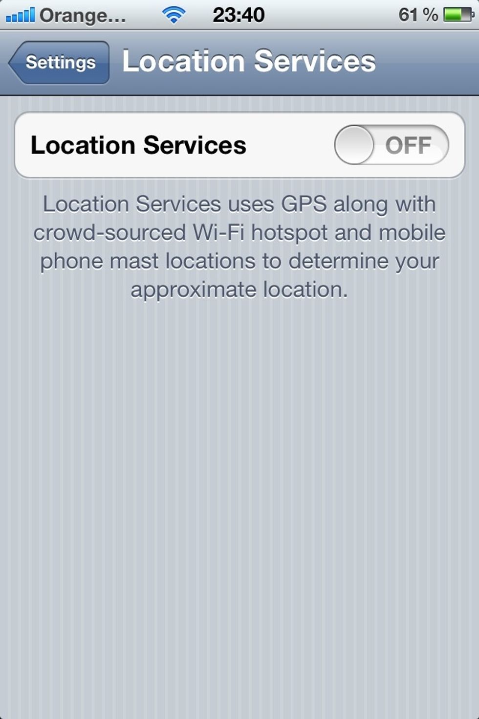 You will get a location service screen like this which means all your location services are OFF. (To turn your location services back on swipe right on the OFF button) return to settings home page.