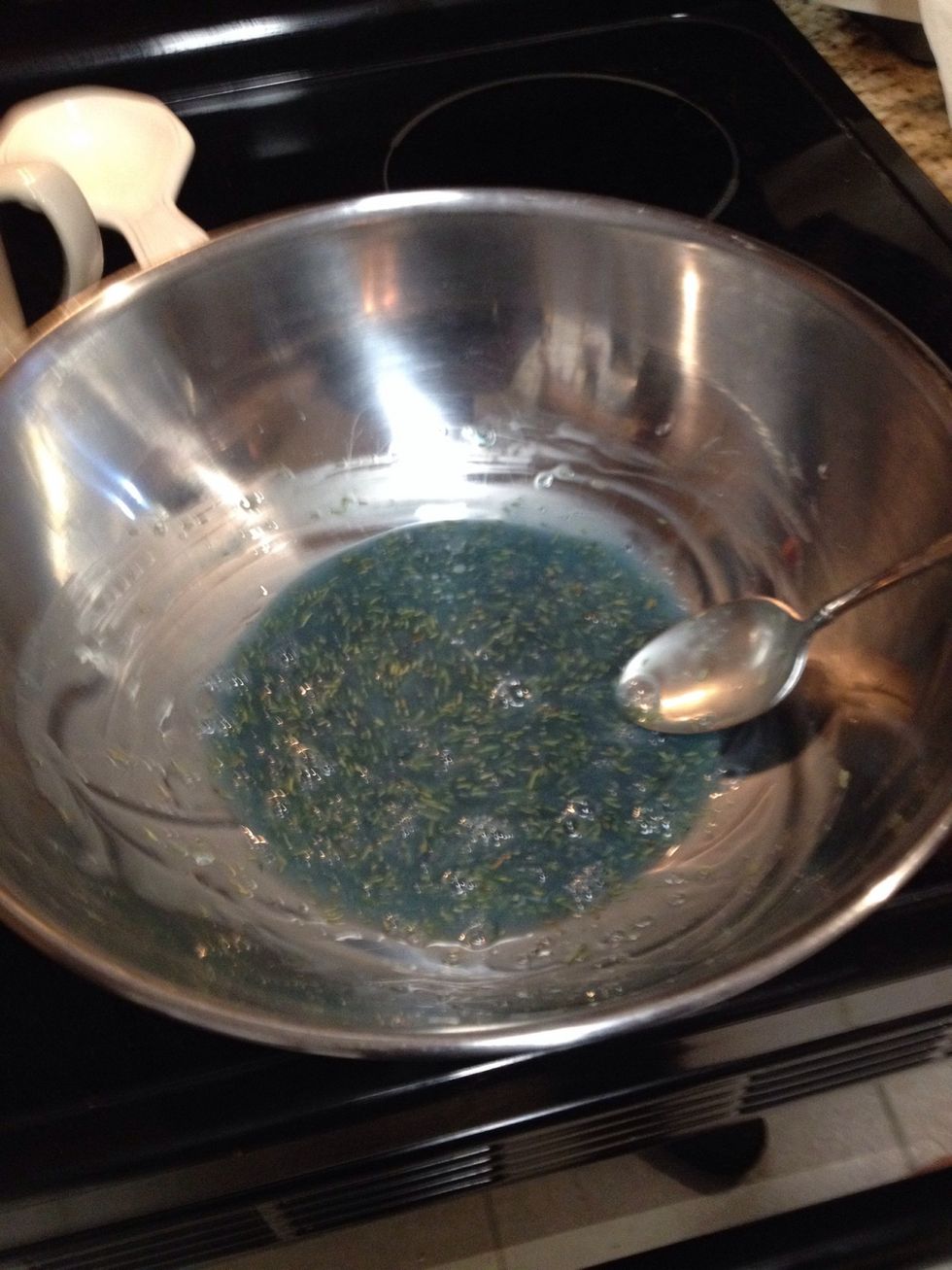 You will have a blue-green mixture of soap, oil, and rosemary to set aside while you mixup the salt mixture. You will already start to smell the beautiful aroma of the lavender and rosemary! \ud83d\ude0a