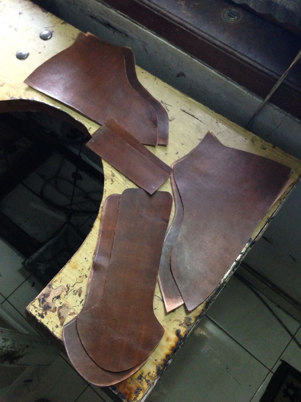 You will have a pair of outer, inner, heels, and tounge like this, ready to sew...