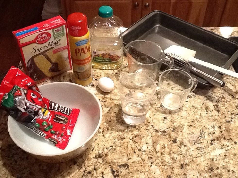 You will need: 1/4 cup water and oil,1 egg, 1 box of cake mix, 1 cup of M&M's, measuring cups, a large bowl, a pan, Nonsticking spray, and a whisk.