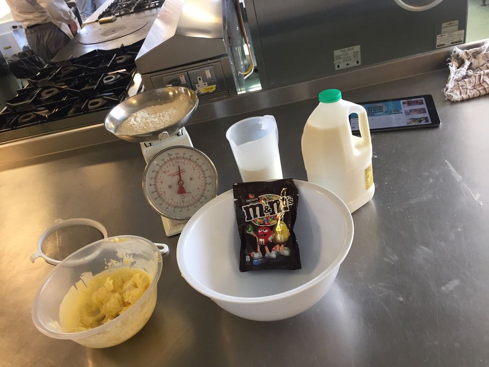 You will need 100g m&ms , 150g sofend butter225g, 1 tsp milk and 150g caster sugar