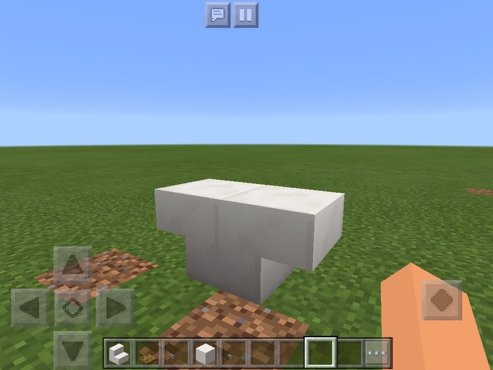 You will need 2 quarts stairs 1 quarts block a trapdoor and a button after getting that put ur 2 quart stairs like this