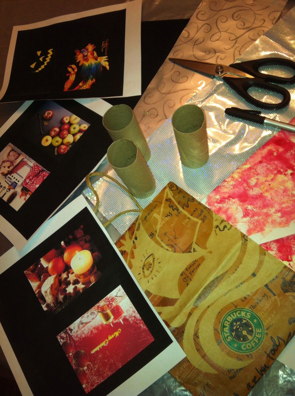 You will need 2 toilet paper rolls, scissors, a pen, glue and a variety of paper like contact paper, gift wrapping paper, old magazines, felt, cork or fabric.